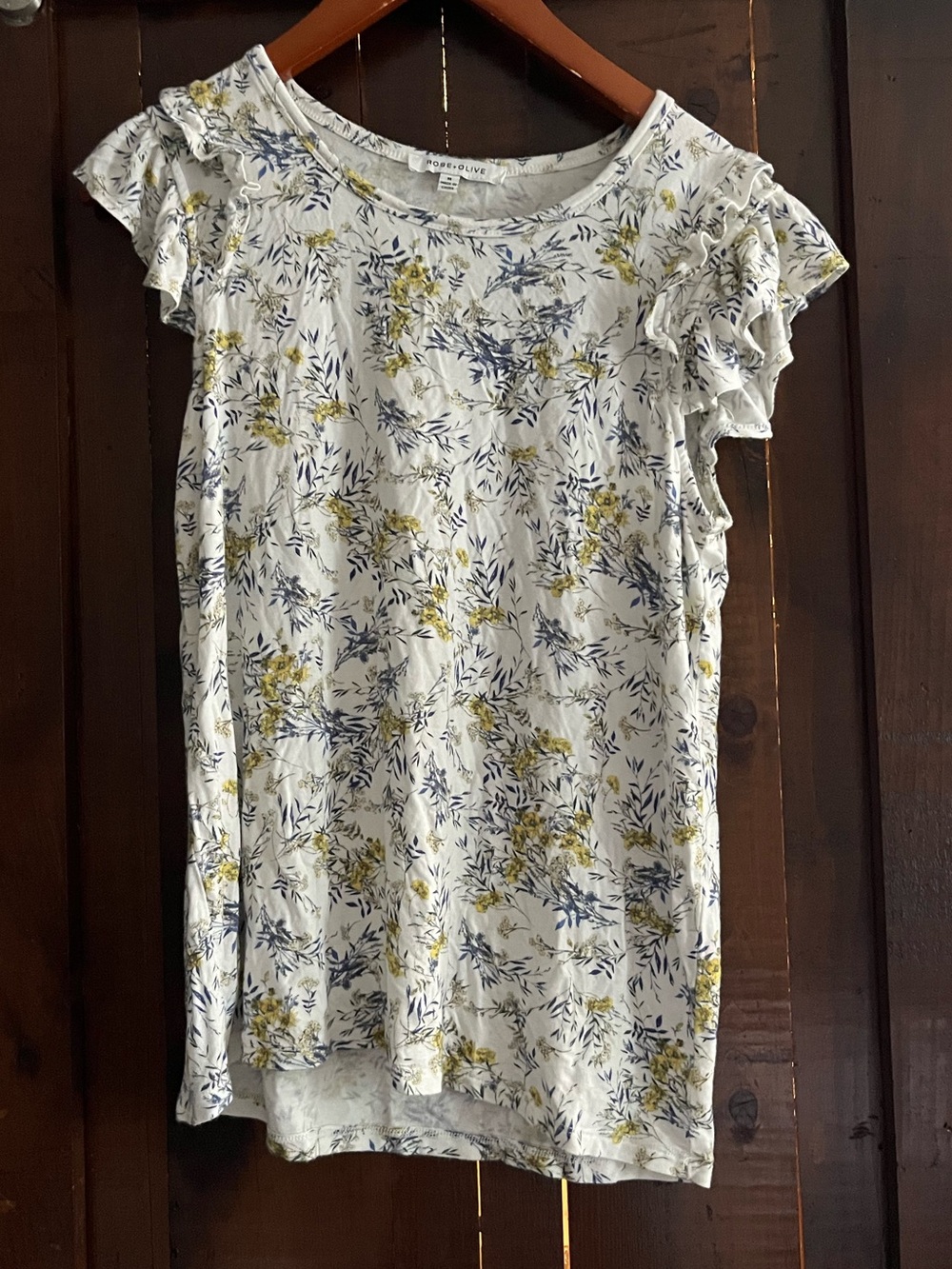 Rose + Olive Floral Ruffle Sleeve Women's Top - White with Yellow & Blue
